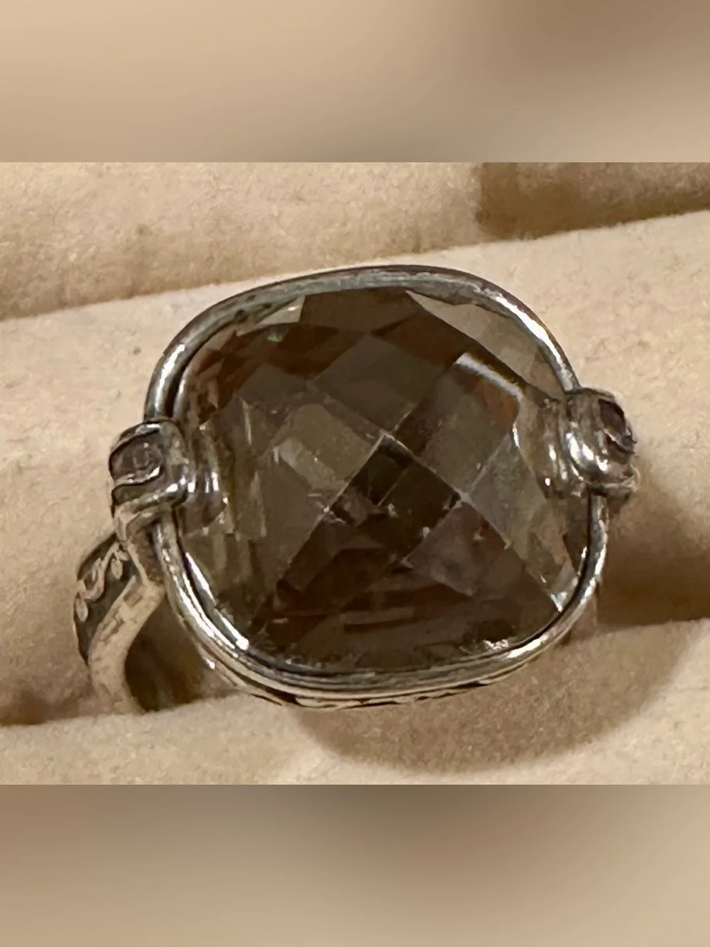 Brighton Silver-Tone Filigree Ring with Smoky Tan Faceted Stone- size 9 w/ bag